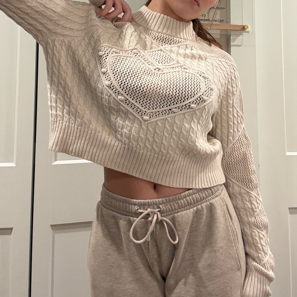 Elegant Cream Heart Cable Knit Turtleneck Sweater
